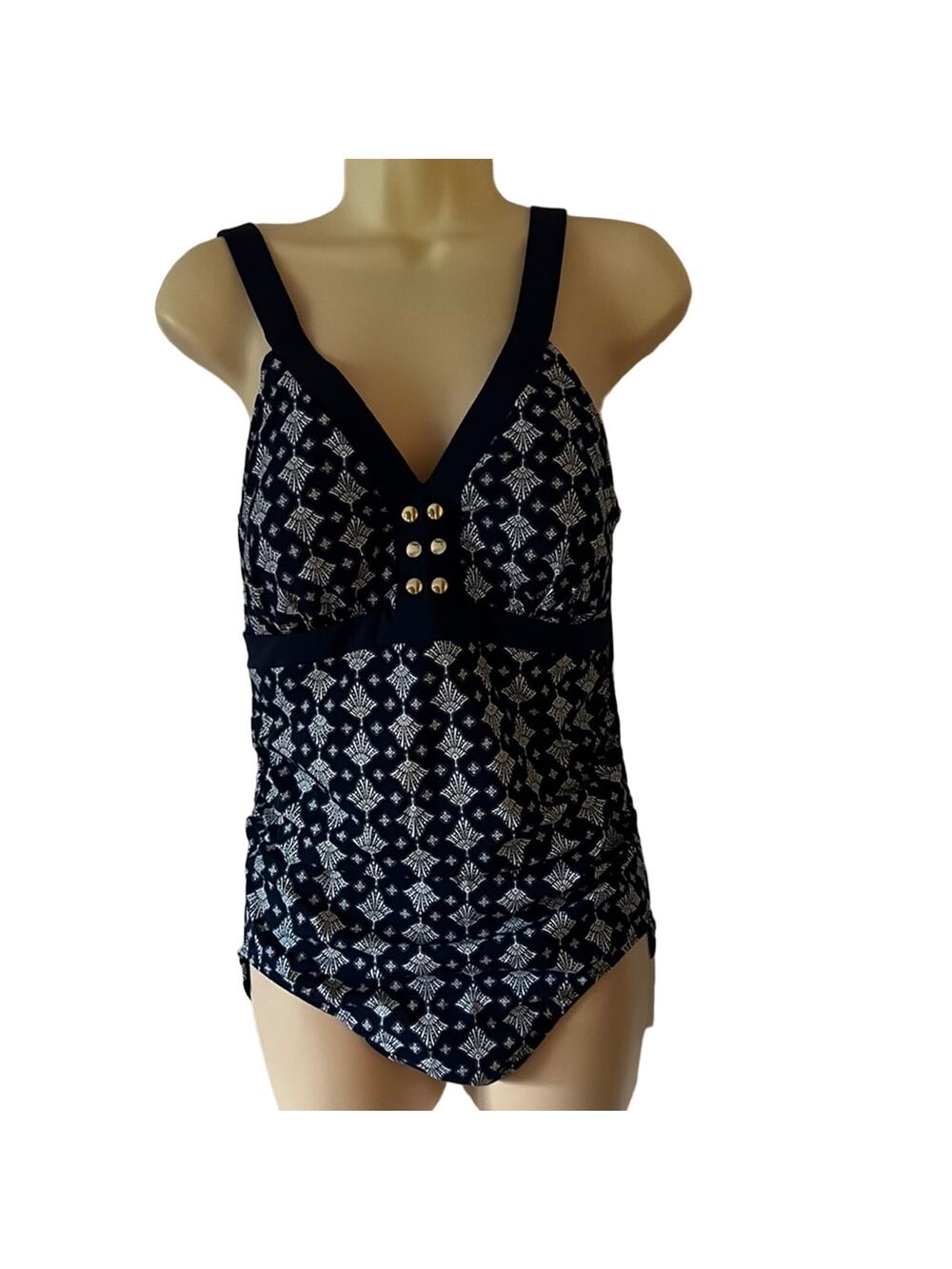 Christina size 8D (cup) Navy & White print one piece Swimsuit Waist Minimizer